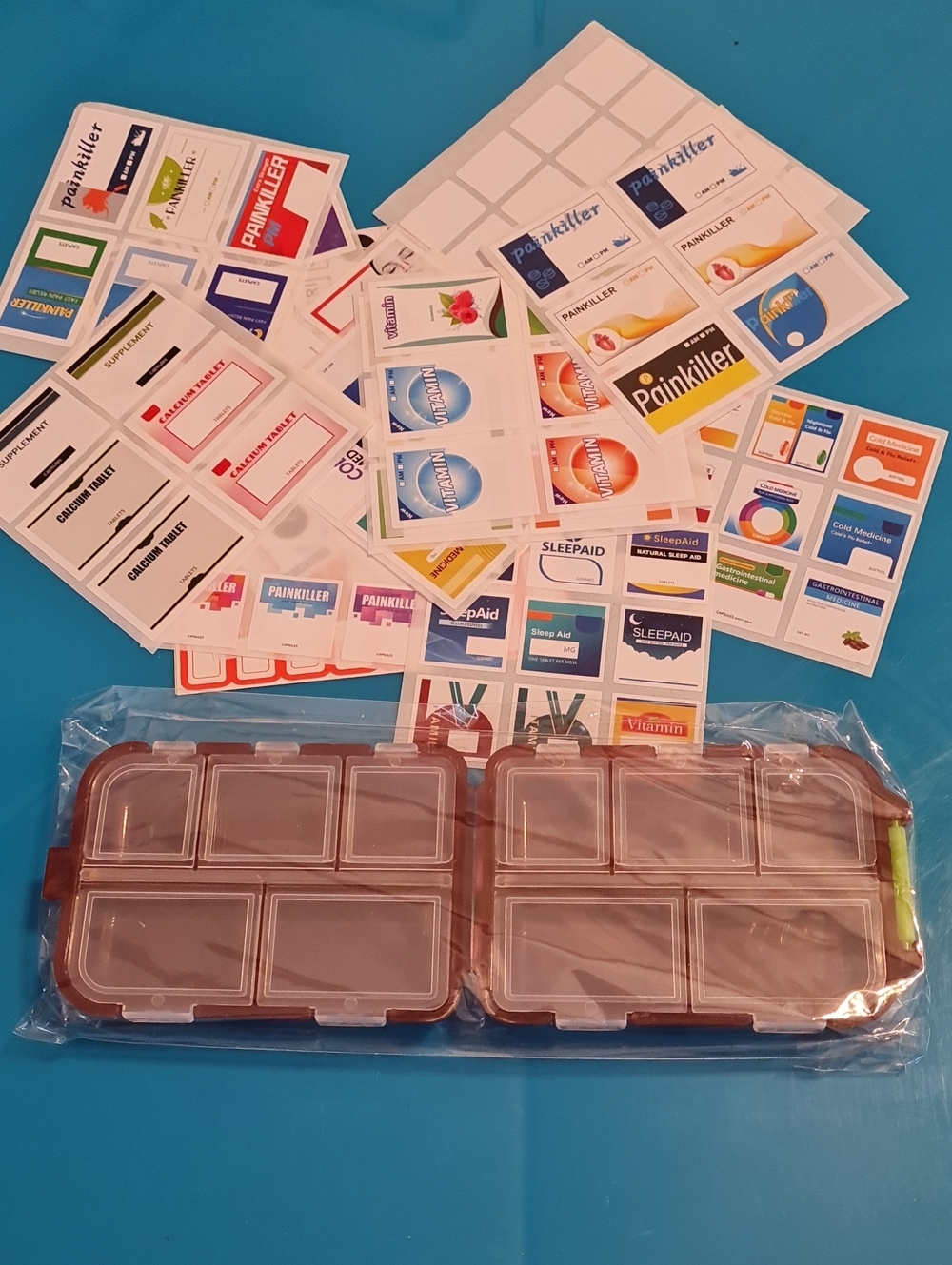 Weekly Brown Pill Organizer Box with Clear Lids and Label Sheets